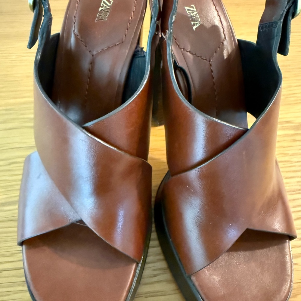 Zara Cognac Crisscross Leather Sandals